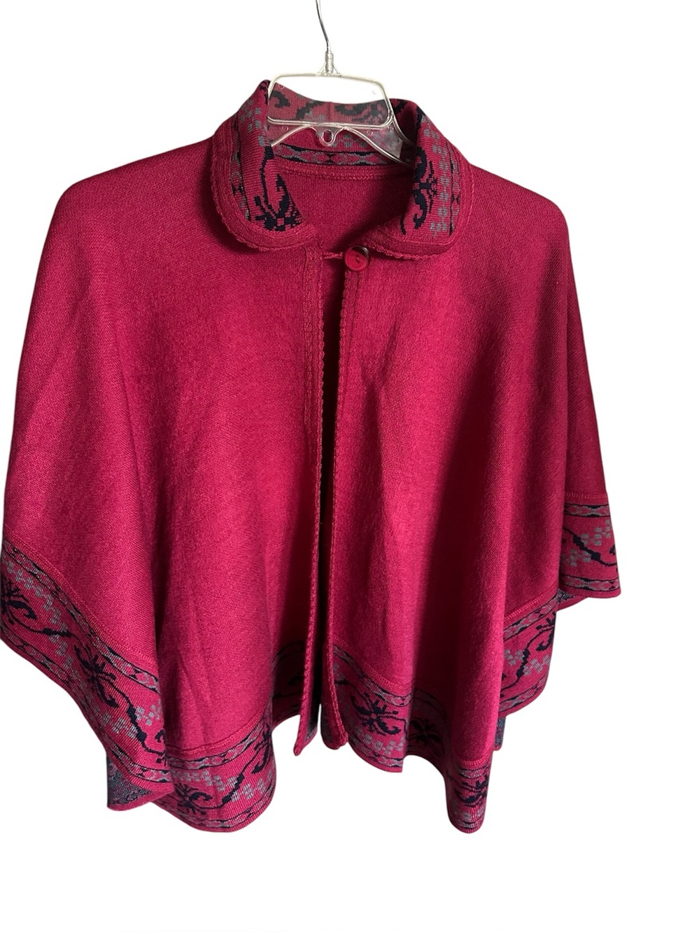 Women's Raspberry Wool-Blend Poncho Sweater with Decorative Trim